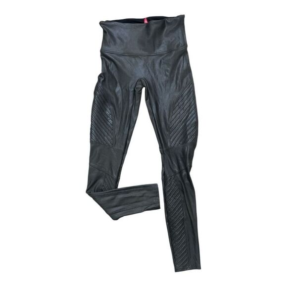 Spanx Faux Leather Women Grey Ribbed Moto Stretch Ankle Leggings Sized M - Picture 1 of 12